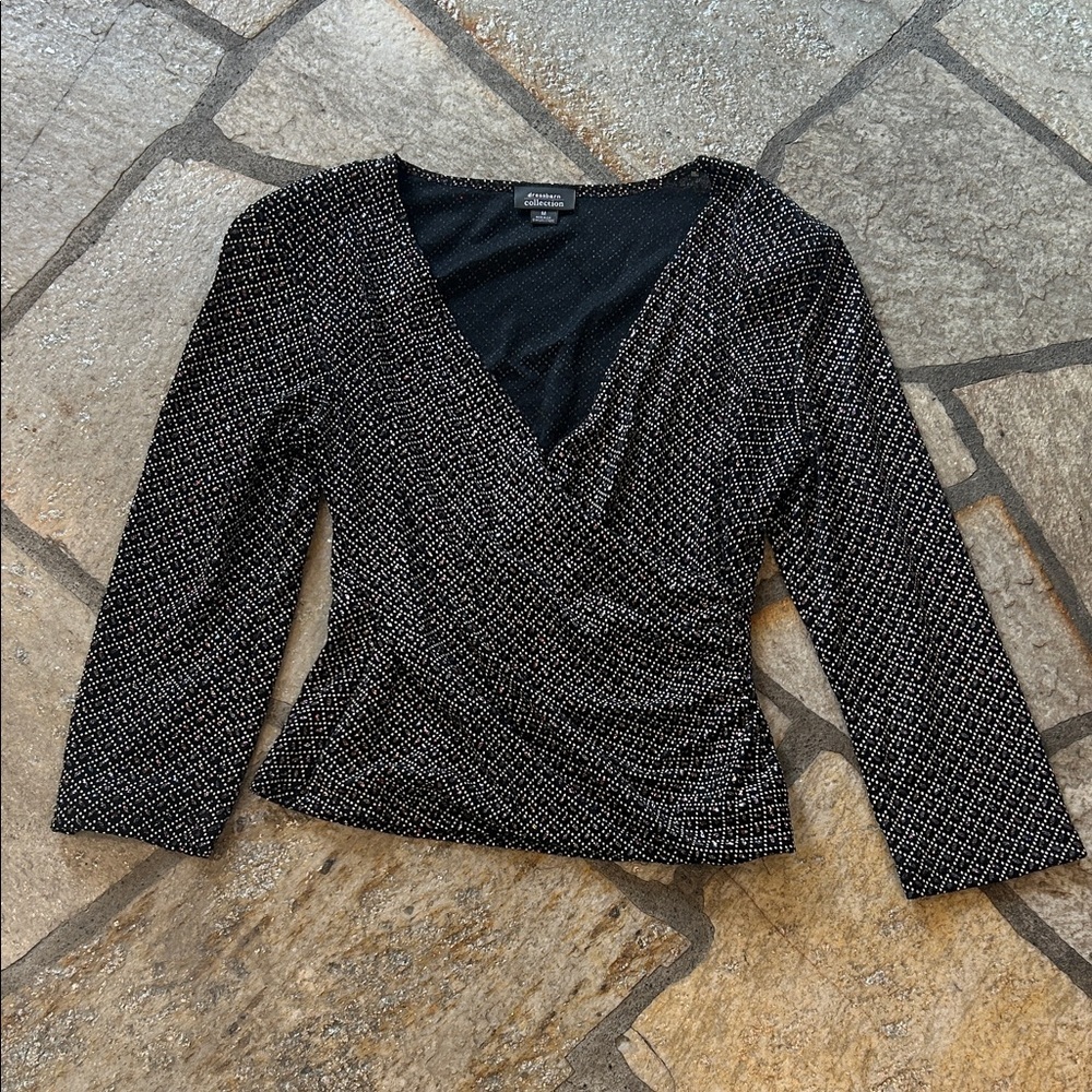 Vintage 90s Sparkle Metallic Shimmer Wrap Blouse Black Draped Hem Going Out Top